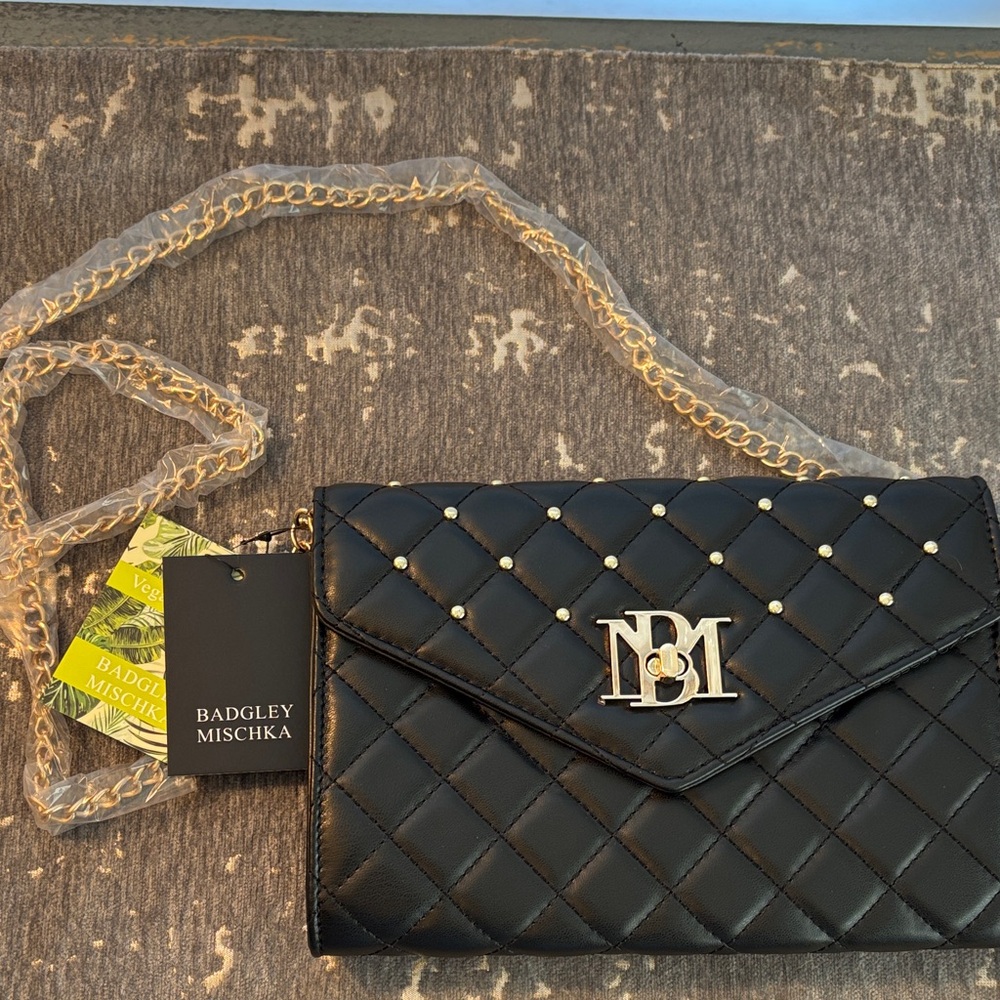 Badgley Mischka Quilted Black Crossbody with Gold Accents